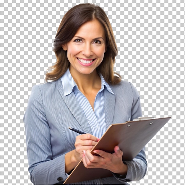 Portrait of teacher writing on clipboard and smiling on transparent background