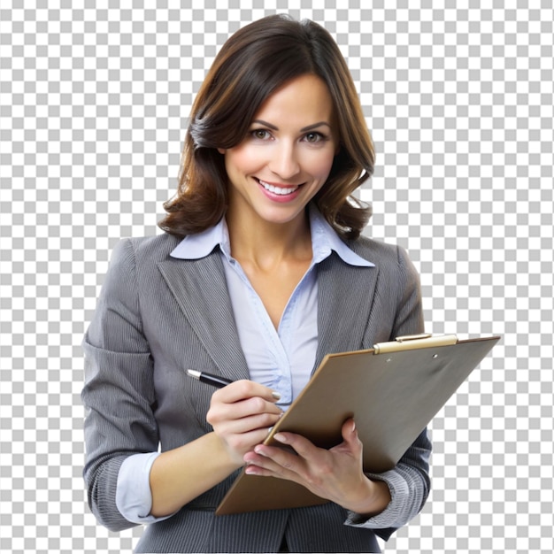 Portrait of teacher writing on clipboard and smiling on transparent background