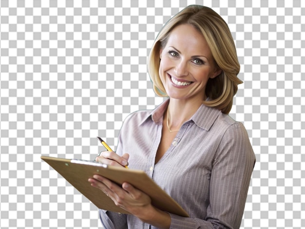 Portrait of teacher writing on clipboard and smiling