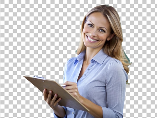 Portrait of teacher writing on clipboard and smiling