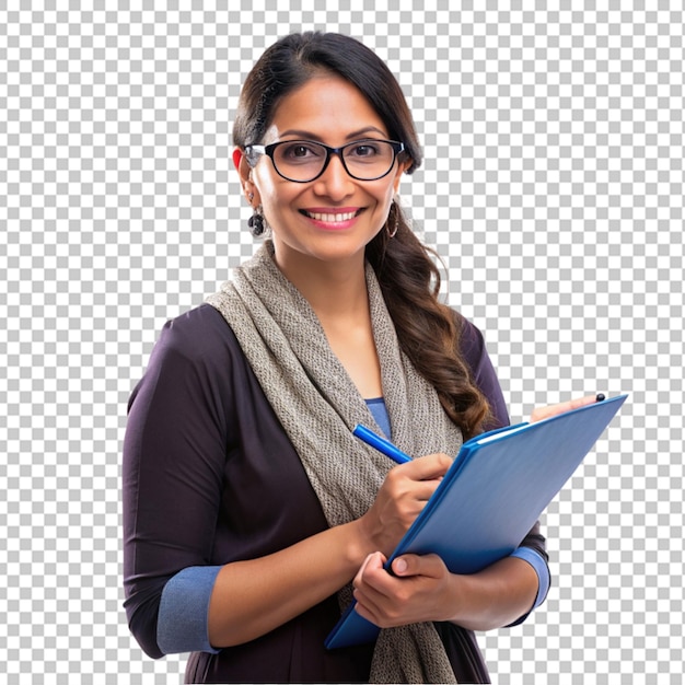 Portrait of teacher writing on clipboard and smiling