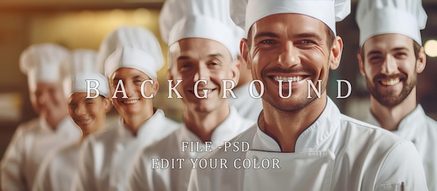 Portrait of a team of friendly smiling chefs standing together in a commercial kitchen