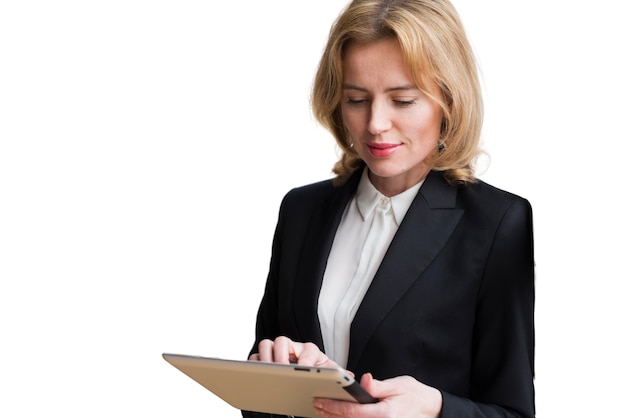 PSD portrait of woman using tablet device