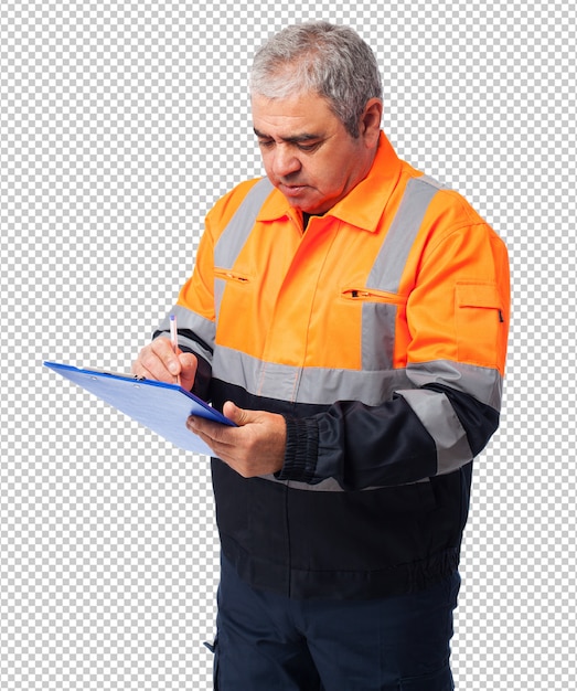 PSD portrait of a worker writing on a paper