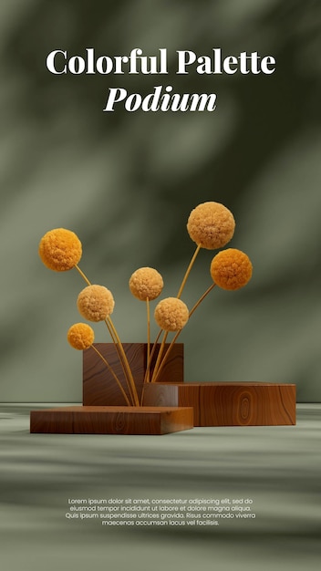 in portrait yellow mimosa flower 3D render image blank space wood texture podium