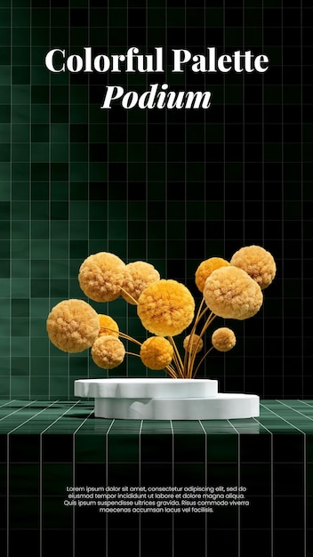 in portrait yellow mimosa flower and green tile wall 3d render image blank space white podium