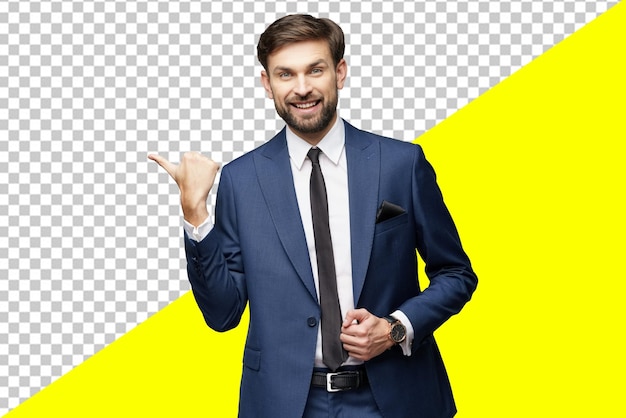 Portrait of a young businessman pointing on a copyspace with his finger