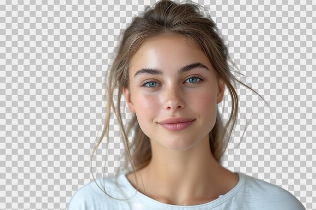 Portrait of young European woman standing with crossed arms on isolated transparent background