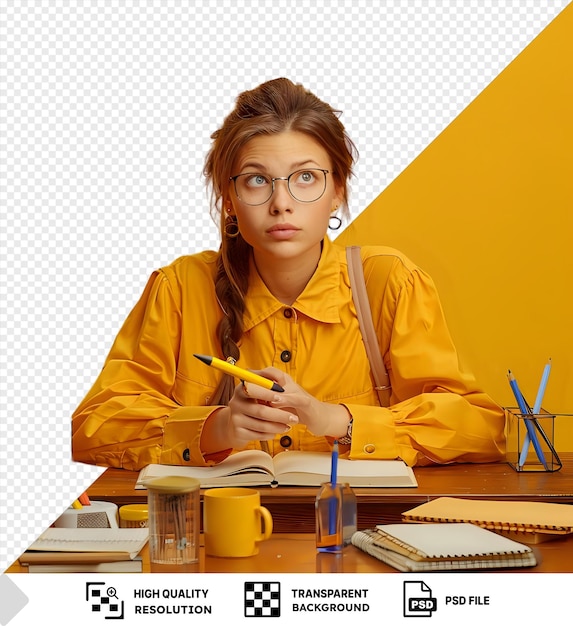 PSD portrait of young female teacher in classroom with school tools sitting at desk holding pointer and smiling