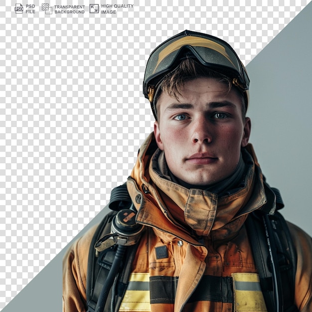 portrait of a young firefighter isolated on transparent background