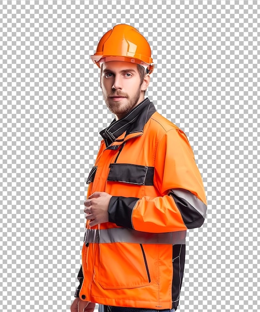 Portrait of a young man in a construction helmet and vest isolated on transparent background