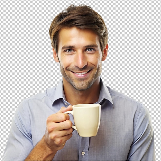 PSD portrait of young man looking in cup with surprise