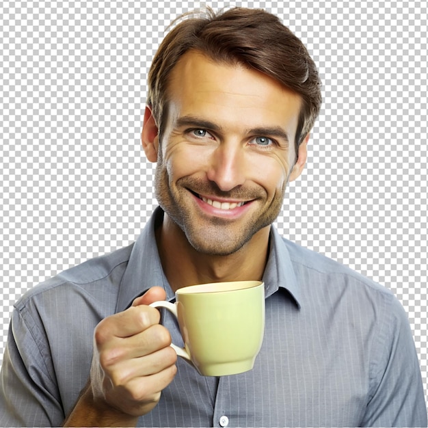 PSD portrait of young man looking in cup with surprise