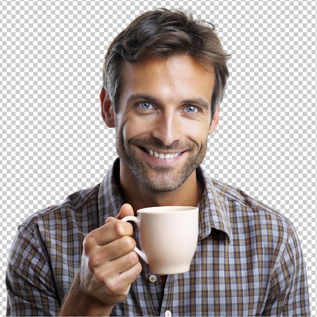 PSD portrait of young man looking in cup with surprise