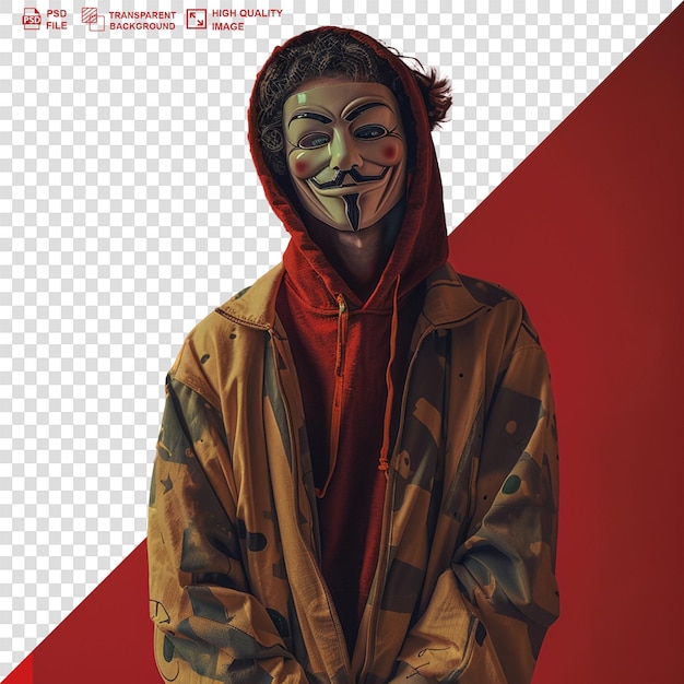 Portrait of young man with hoodie and mask on transparent background