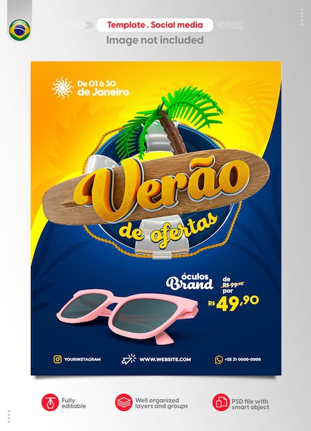 Portuguese banner template for summer sales with editable text summer of offers