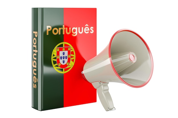 Portuguese language textbook with megaphone Courses of Portuguese language 3D rendering isolated on transparent background