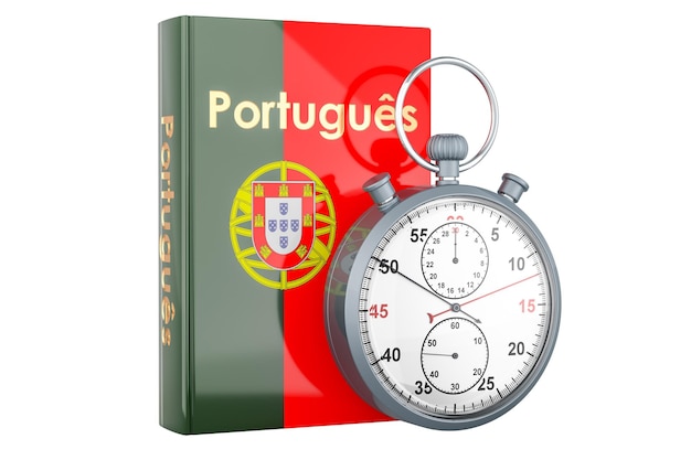 Portuguese language textbook with stopwatch Accelerated courses of Portuguese language 3D rendering isolated on transparent background