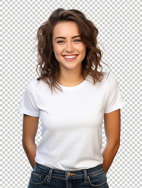 Positive laughing girl smiling to camera wearing white tee at the transparent background