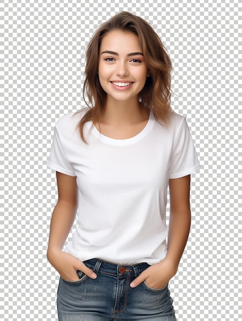 Positive laughing girl smiling to camera wearing white tee at the transparent background