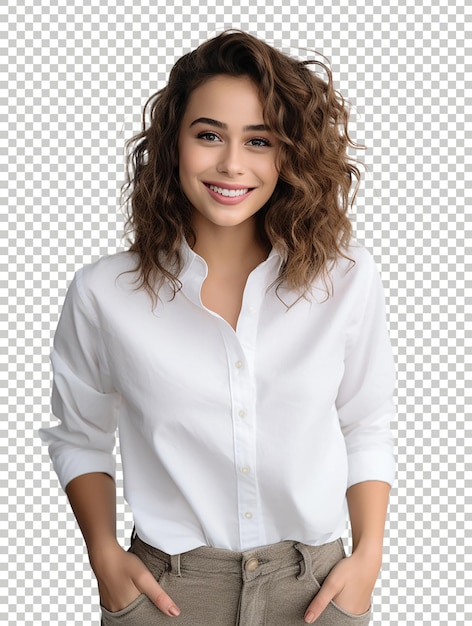 Positive laughing girl smiling to camera wearing white tee at the transparent background