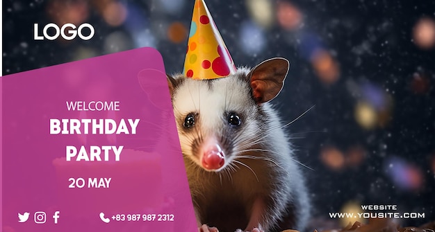 Possum birthday party poster with a possum wearing a birthday hat