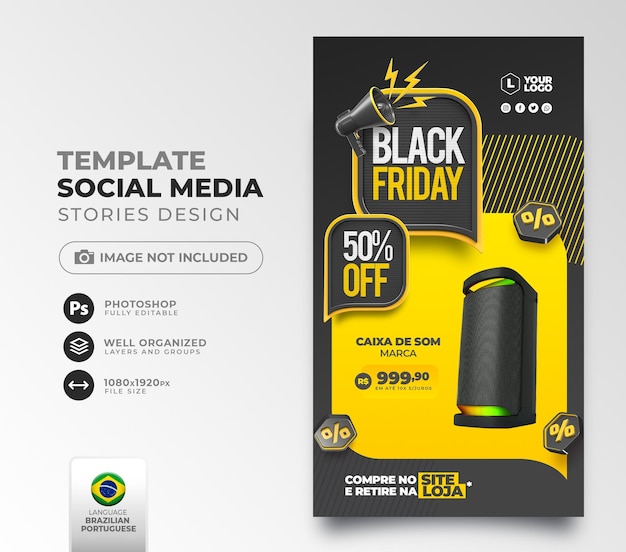 Post social media Black Friday in portuguese 3d render for marketing campaign in brazil