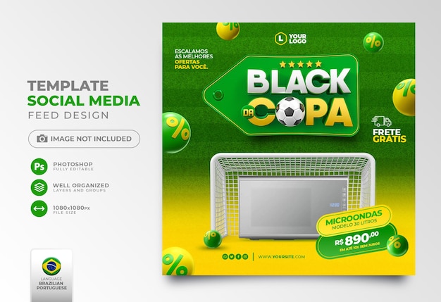 Post social media black friday world cup in 3d render for marketing campaign in brazil in portuguese