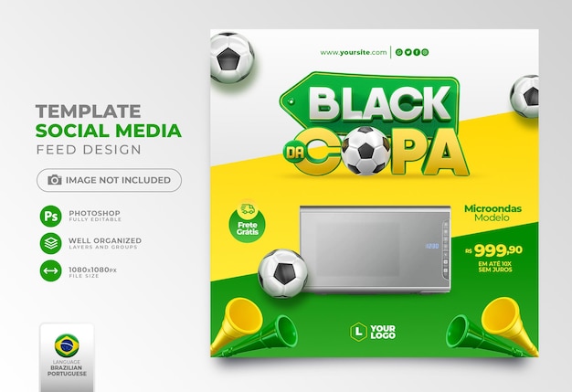 Post social media black friday world cup in 3d render for marketing campaign in brazil in portuguese