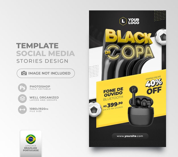 Post social media black friday world cup in 3d render for marketing campaign in brazil in portuguese