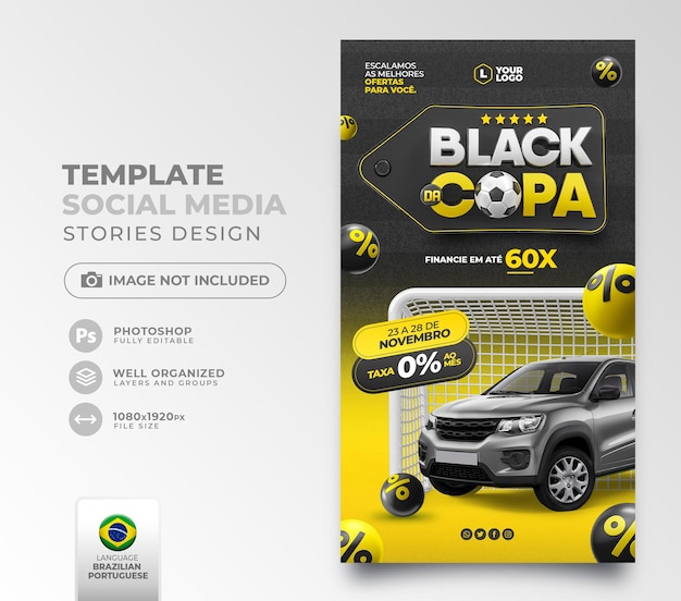 Post social media black friday world cup in 3d render for marketing campaign in brazil in portuguese