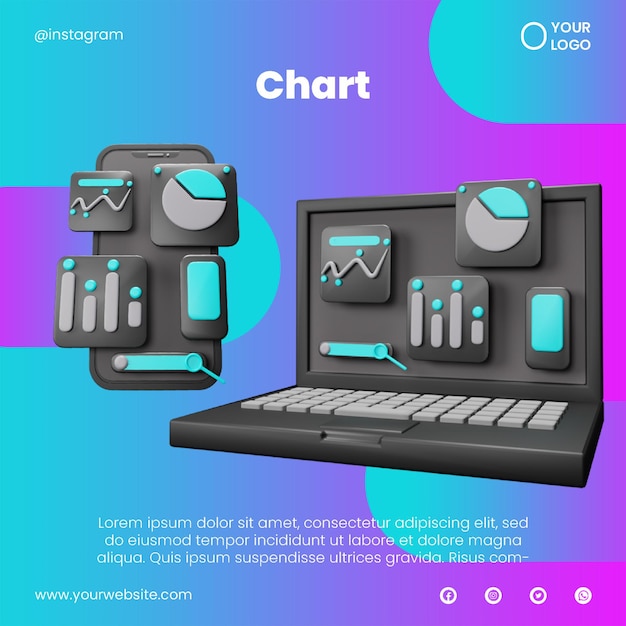 Post social media chart phone and laptop with icon 3d render