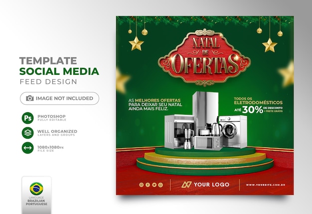 Post social media christmas in portuguese 3d render for marketing campaign in brazil template design