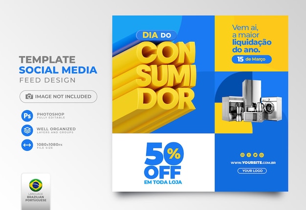 Post social media consumer day 3d render in portuguese for marketing campaign in brazil of offers