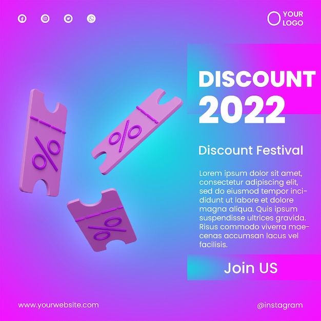 Post social media discount icon 3d render