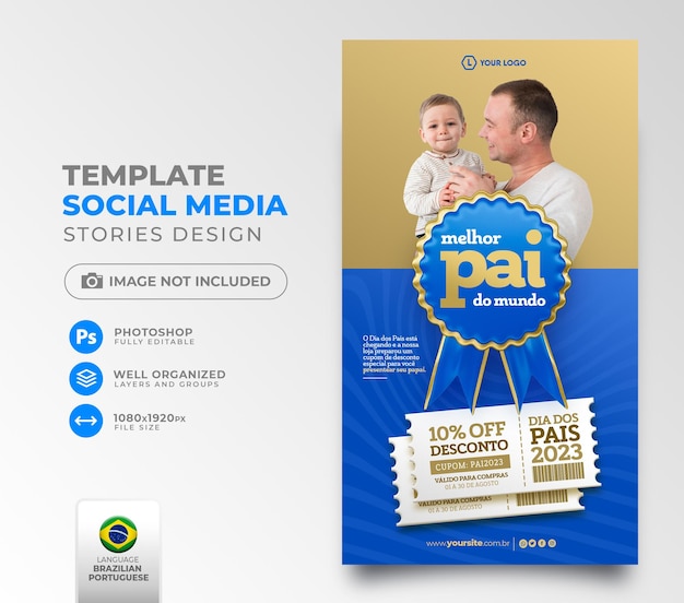 Post social media fathers day promotion 3d render template design in portuguese