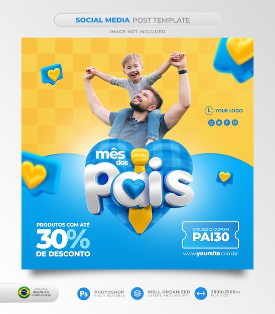 Post social media fathers month 3d render template design in portuguese