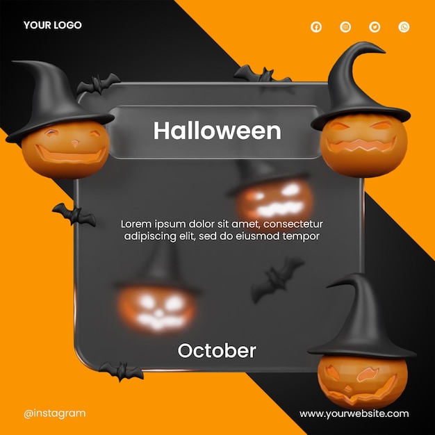 Post social media of glassmorphism design with 3d pumpkin halloween rendering