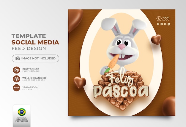 Post social media Happy Easter in portuguese 3d render for marketing campaign in Brazil