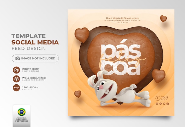 Post social media Happy Easter in portuguese 3d render for marketing campaign in Brazil