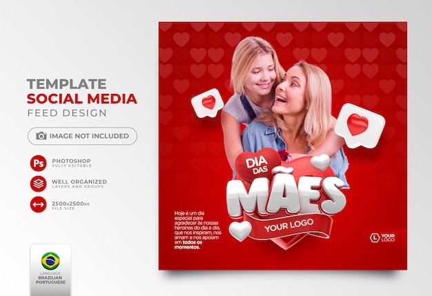 Post social media happy mother's day in portuguese 3d render for marketing campaign in brazil