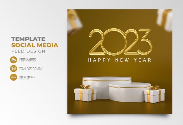 Post social media happy new year 2023 in 3d render template design