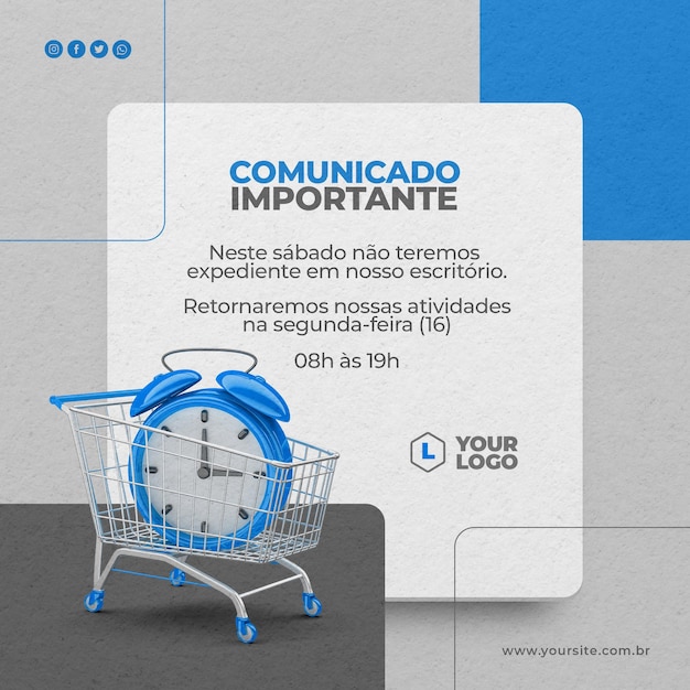 Post social media Important announcement with watch and shopping icon 3d render in portuguese