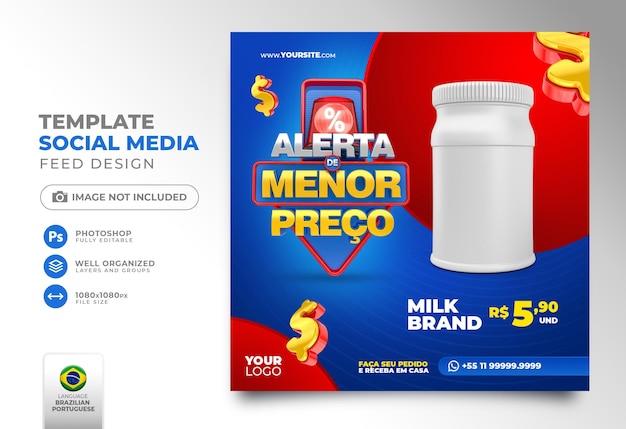 Post social media Low Price alert for marketing campaign in brazil template 3d render