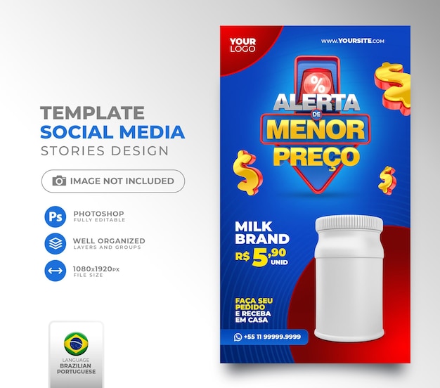 Post social media Low Price alert for marketing campaign in brazil template 3d render