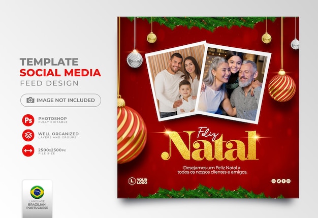 Post social media merry christmas in portuguese 3d render for marketing in brazil template design