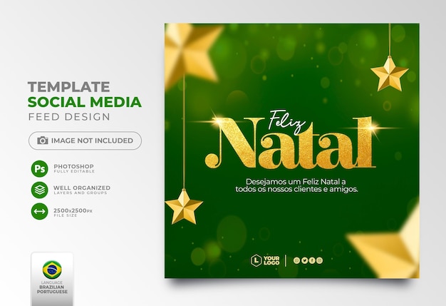 Post social media merry christmas in portuguese 3d render for marketing in brazil template design