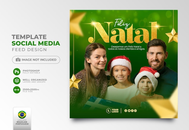 Post social media merry christmas in portuguese 3d render for marketing in brazil template design