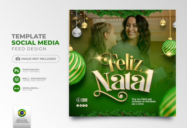 Post social media merry christmas in portuguese 3d render for marketing in brazil template design