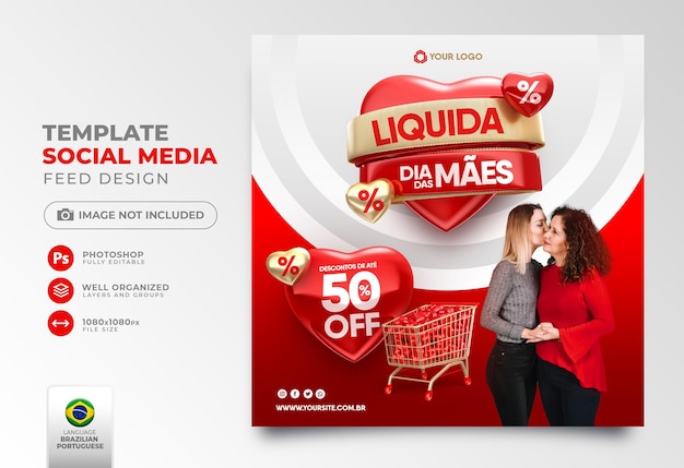 Post social media mother's day offer in portuguese 3d render for marketing campaign in brazil